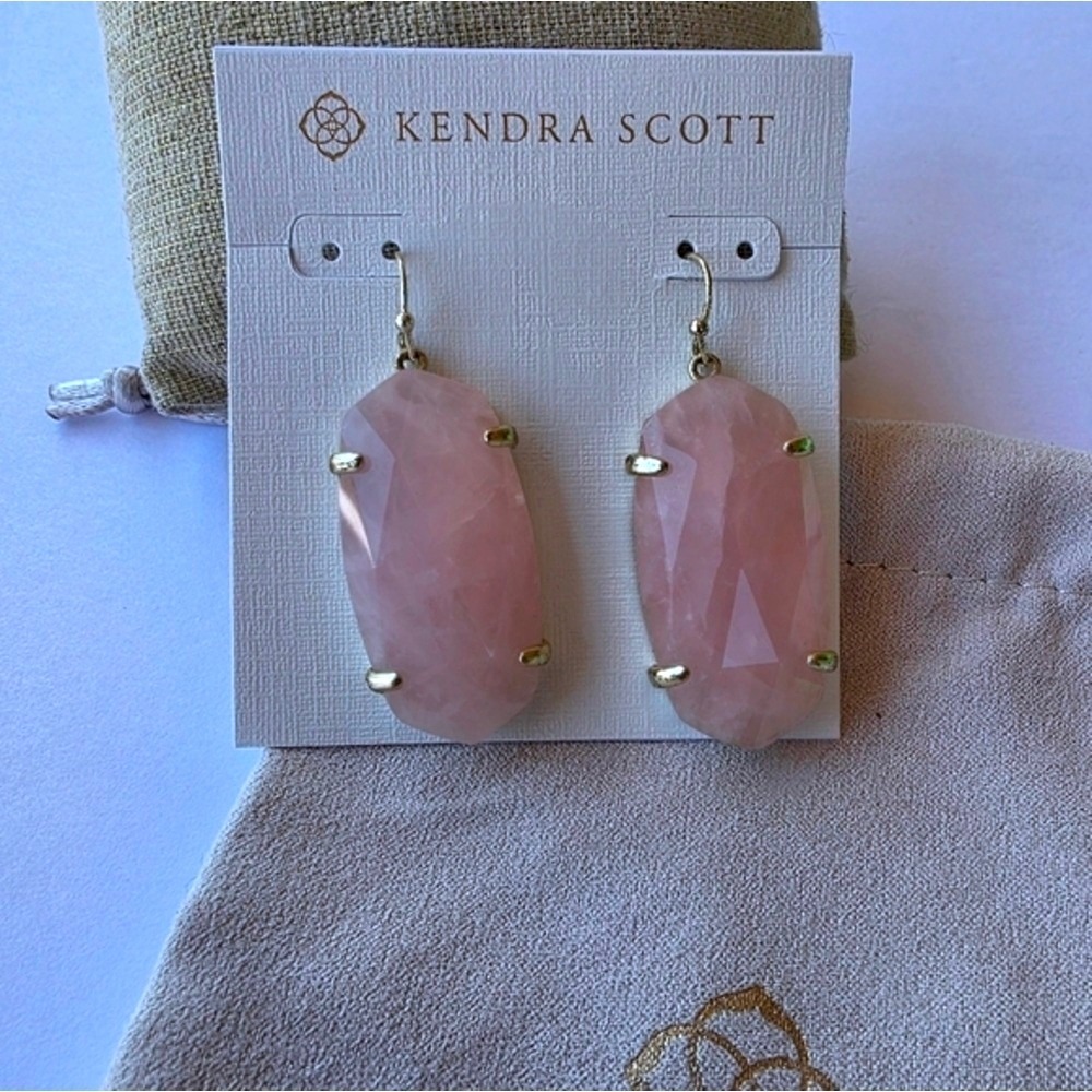 Kendra Scott Esme Drop Earrings Rose Quartz Gold Tone Pink Statement Jewelry